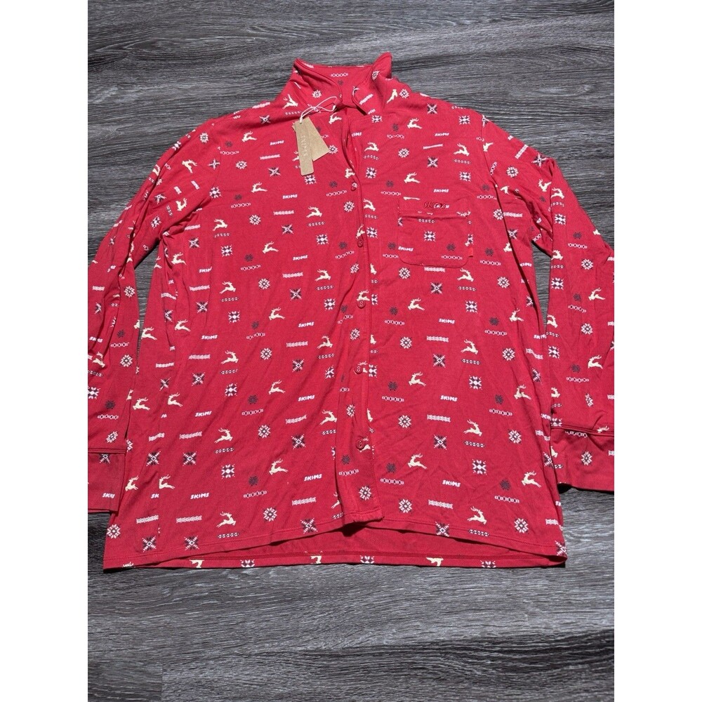 Skims Womens Button Up Medium Red Sleep Top Only Long Sleeve Sleepwear